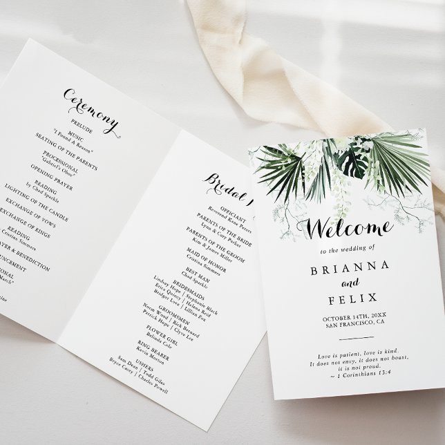 Tropical Greenery White Floral Folded Wedding Program (Creator Uploaded)