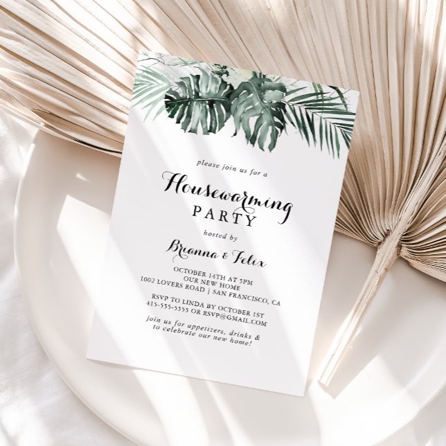Tropical Greenery White Floral Housewarming Party Invitation (Creator Uploaded)