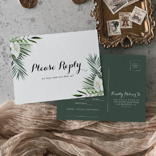 Tropical Greenery White Floral Menu Choice RSVP  Postcard