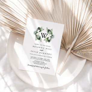 Tropical Greenery White Floral Monogram Wedding Invitation