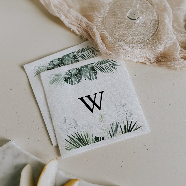 Tropical Greenery White Floral Monogram Wedding  Napkin (Creator Uploaded)