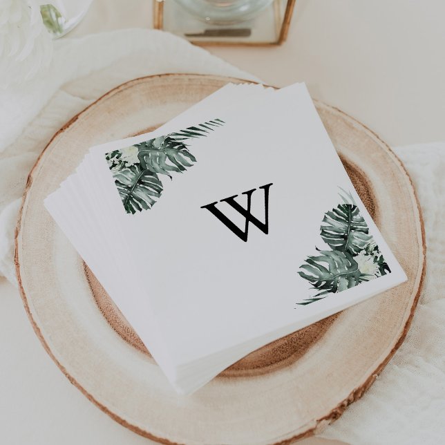 Tropical Greenery White Floral Monogram Wedding  Napkin (Creator Uploaded)