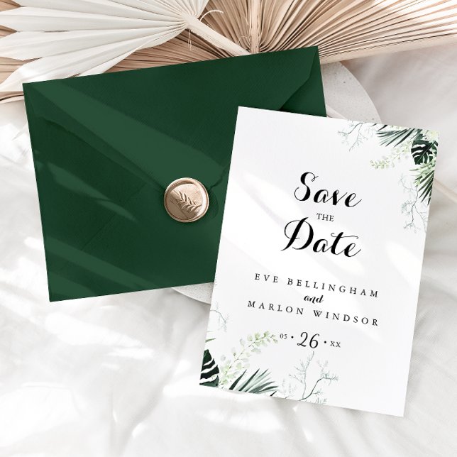 Tropical Greenery White Floral Save the Date  Postcard (Creator Uploaded)