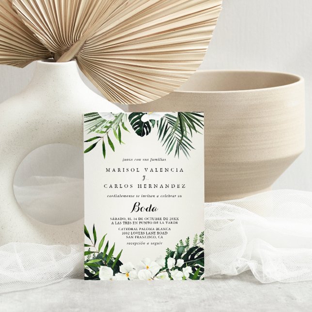 Tropical Greenery White Floral Spanish Wedding  Invitation (Creator Uploaded)