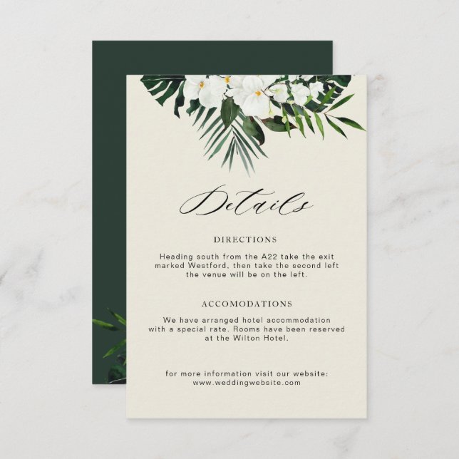 tropical greenery white floral wedding details enclosure card (Front/Back)