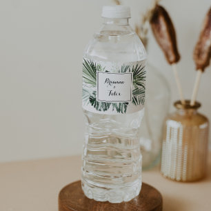 Tropical Greenery White Floral Wedding Water Bottle Label