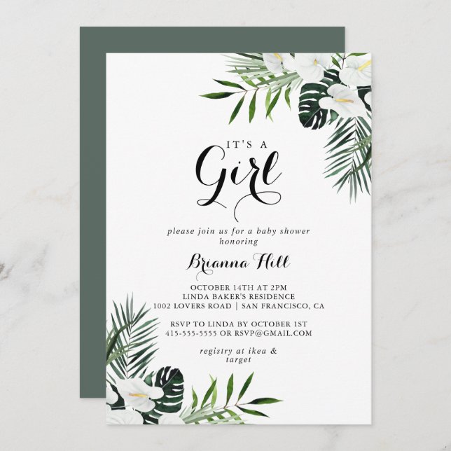 Tropical Greenery White It's A Girl Baby Shower Invitation (Front/Back)