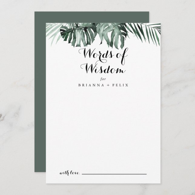 Tropical Greenery White Wedding Words of Wisdom Advice Card (Front/Back)