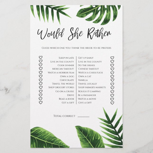 Tropical Greenery Would She Rather Bridal Shower Flyer (Front)