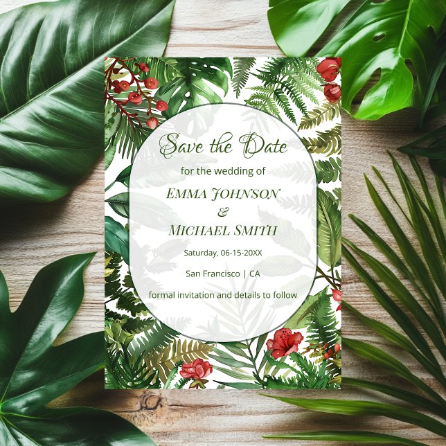 Tropical Greens Botanical Save The Date Card (Creator Uploaded)