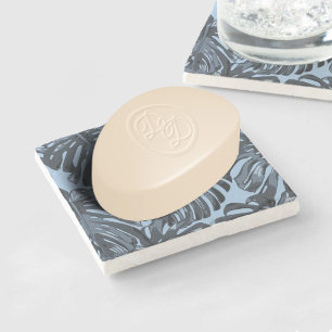 Tropical Grey Blue Jungle Leaves Stone Coaster
