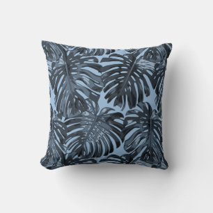 Tropical Grey Blue Palm Leaves Cushion