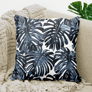 Tropical Grey Blue White Monstera Jungle Leaves Cushion