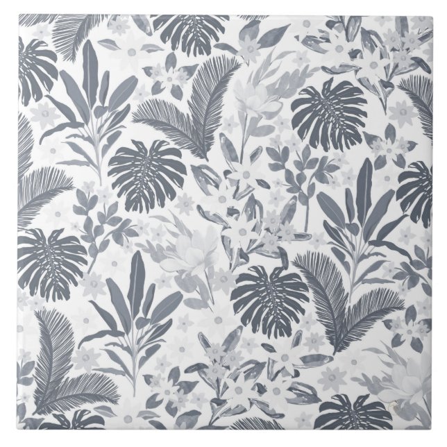 Tropical Grey Floral Greenery Ceramic Tile (Front)
