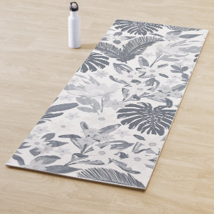 Tropical Grey Foliage Floral White Pattern Yoga Mat