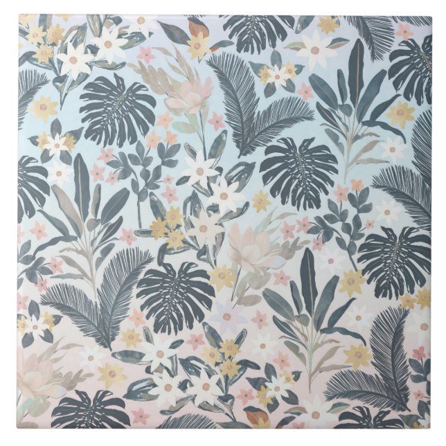 Tropical Grey Gold Foliage Floral Pattern Ceramic Tile (Front)