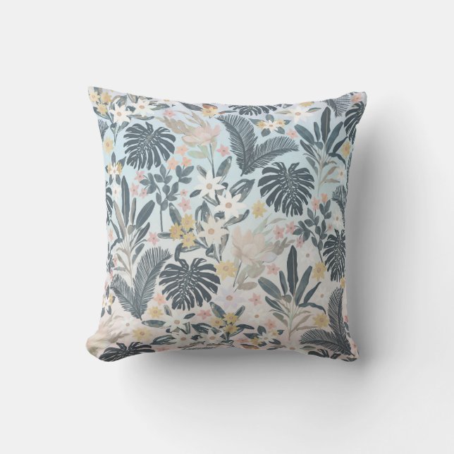 Tropical Grey Gold Foliage Floral Pattern Cushion (Front)