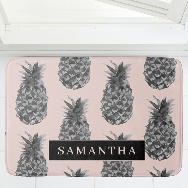 Tropical Grey & Pink Pineapple Pattern With Name Bath Mat (Creator Uploaded)