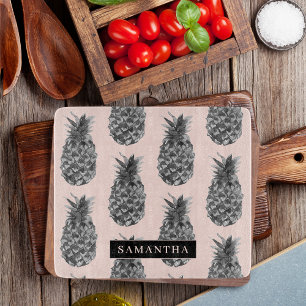 Tropical Grey & Pink Pineapple Pattern With Name Cutting Board