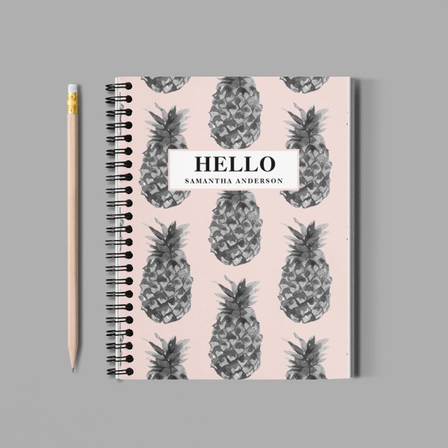 Tropical Grey & Pink Pineapple Pattern With Name Notebook (Creator Uploaded)