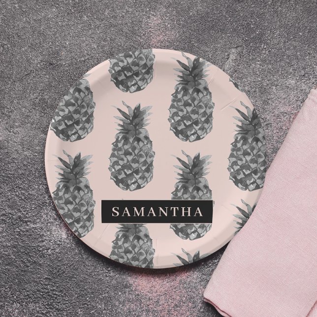 Tropical Grey & Pink Pineapple Pattern With Name Paper Plate (Creator Uploaded)