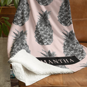 Tropical Grey & Pink Pineapple Pattern With Name Sherpa Blanket