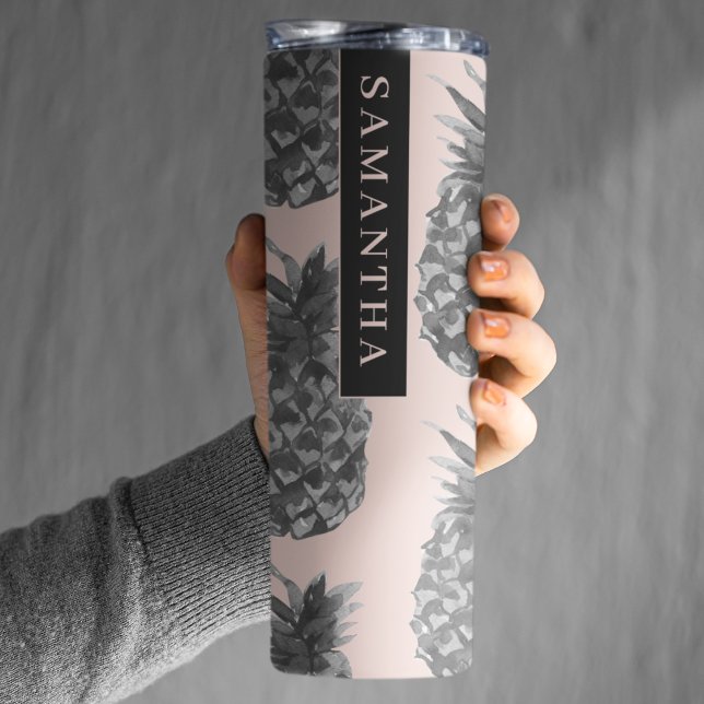 Tropical Grey & Pink Pineapple Pattern With Name Thermal Tumbler (Creator Uploaded)