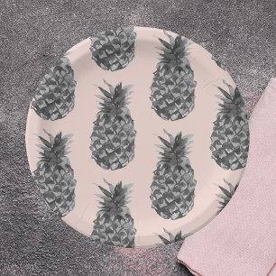 Tropical Grey & Pink Pineapple Seamless Pattern Paper Plate
