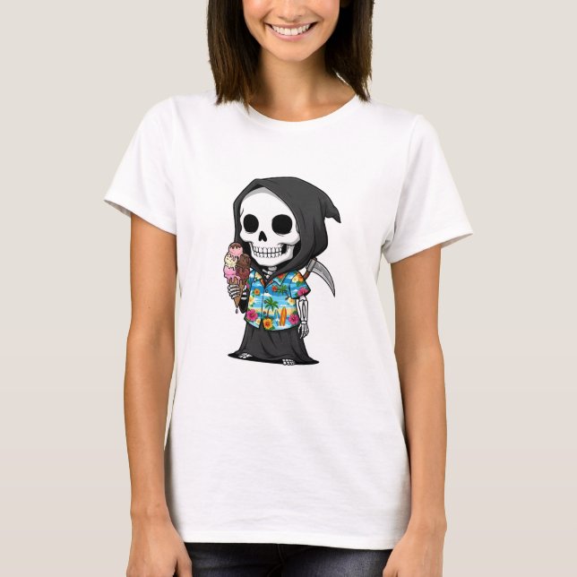 Tropical Grim Treats – Playful Skeleton Cartoon T-Shirt (Front)