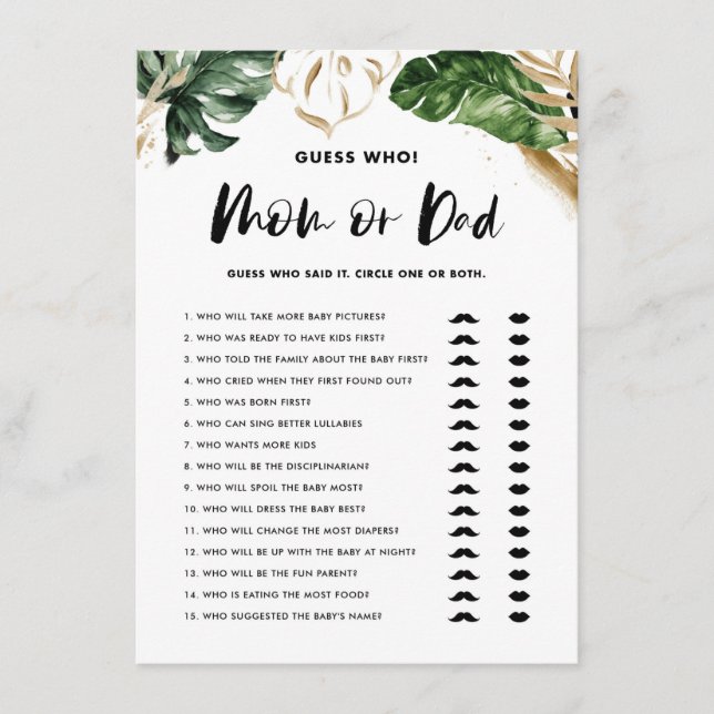 Tropical Guess Who Mum or Dad Baby Shower Game Enclosure Card (Front)