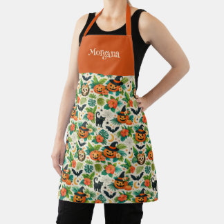 Tropical Halloween Pumpkins Name Apron