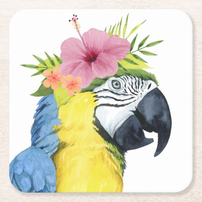 Tropical Halo - Parrot Square Paper Coaster (Front)