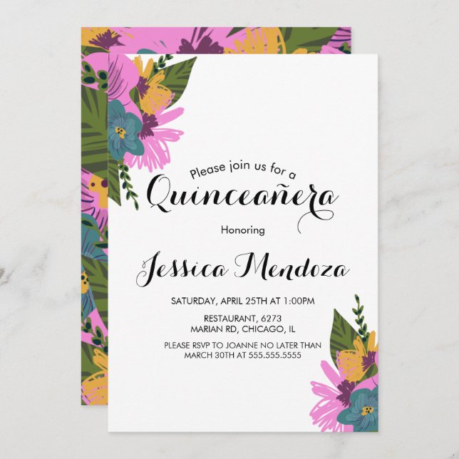Tropical Hand Drawn Floral Quinceañera Sweet 16  Invitation (Front/Back)