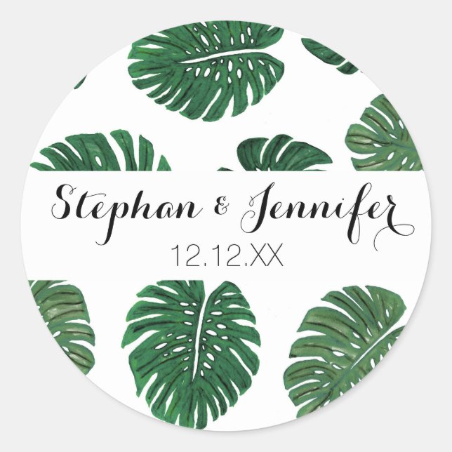 Tropical Hand Painted Swiss Cheese Plant Leaves Classic Round Sticker (Front)