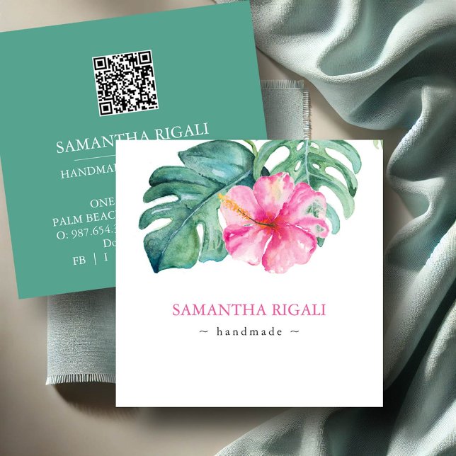 Tropical Handmade Flower Business Cards QR code (Business cards with qr-code tropical pink hibiscus flower and monstera watercolor DoTellABelle)