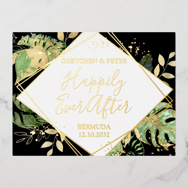 Tropical Happily Ever After Elopement Reception Foil Invitation Postcard (Front)