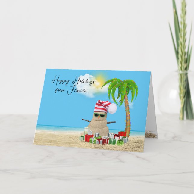 Tropical Happy Holidays Sand Man Holiday Card (Front)