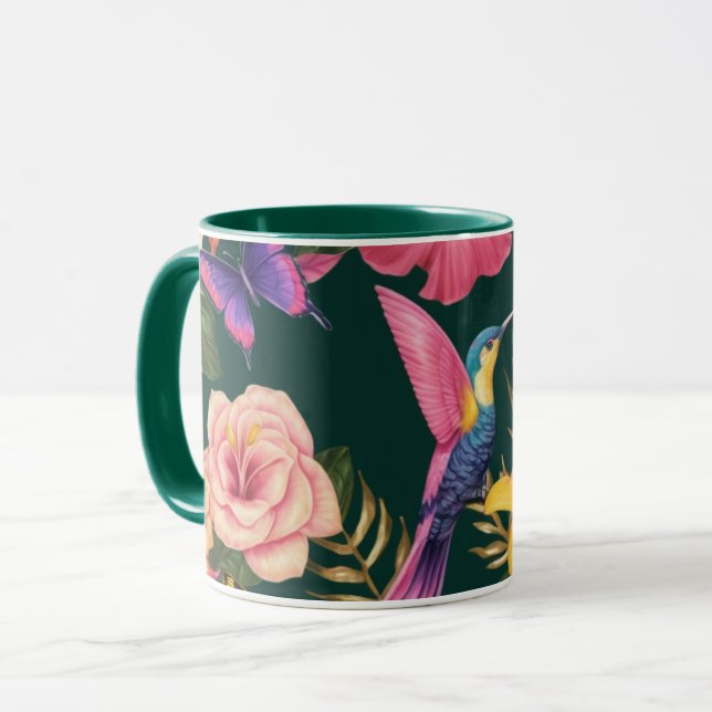 Tropical Haven: Floral and Bird Design Mug (11 oz) (Front Left)