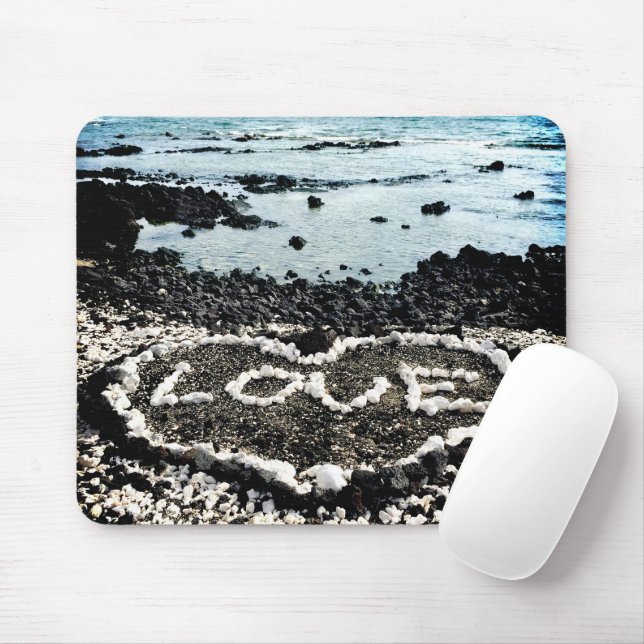 Tropical Hawaii Black Sand Beach Coral Love Heart Mouse Pad (With Mouse)