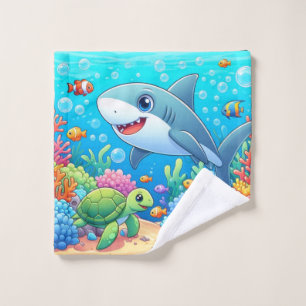Tropical/Hawaii colorful underwater shark & turtle Wash Cloth
