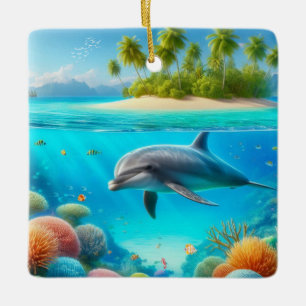Tropical/Hawaii colourful underwater dolphin Ceramic Ornament