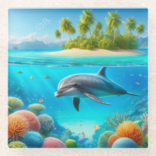 Tropical/Hawaii colourful underwater dolphin Glass Coaster