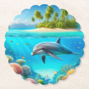 Tropical/Hawaii colourful underwater dolphin Paper Coaster
