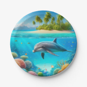 Tropical/Hawaii colourful underwater dolphin Paper Plate