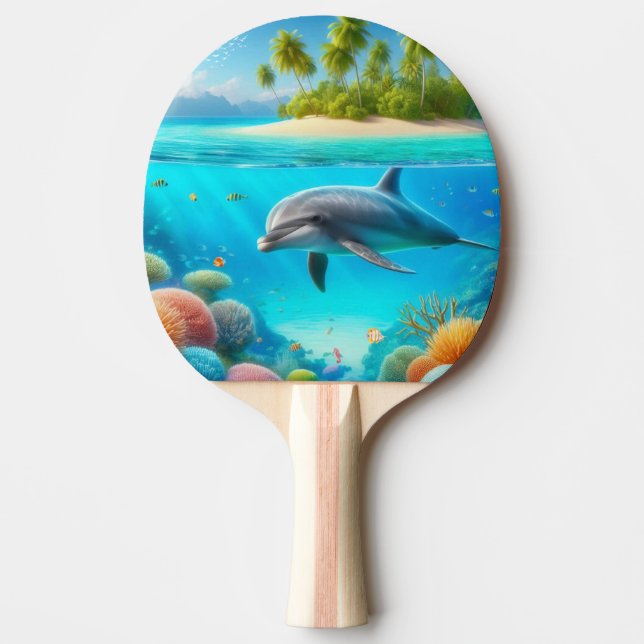 Tropical/Hawaii colourful underwater dolphin Ping Pong Paddle (Front)