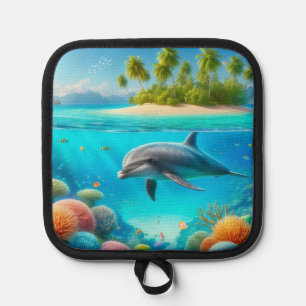 Tropical/Hawaii colourful underwater dolphin Pot Holder