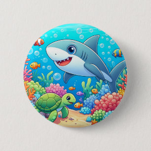 Tropical/Hawaii colourful underwater shark & turtl 6 Cm Round Badge