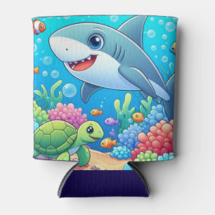 Tropical/Hawaii colourful underwater shark & turtl Can Cooler