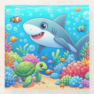 Tropical/Hawaii colourful underwater shark & turtl Glass Coaster