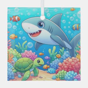 Tropical/Hawaii colourful underwater shark & turtl Glass Tree Decoration